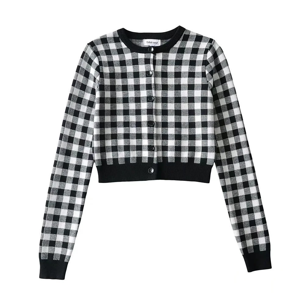 Women Crew Neck Plaid Knit Cardigan Crop Top - Mubimart -  