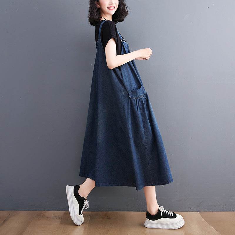 Women's Loose Plus Size Denim Suspender Dress - Mubimart
