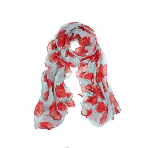 Red Poppy Scarf Print Long Scarves Flower - Mubimart