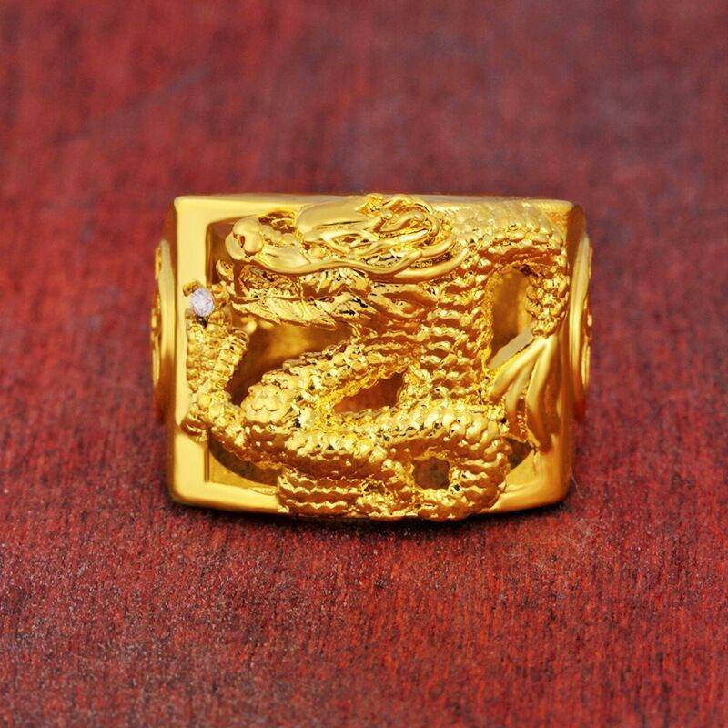 Aventurine Gold Pure Copper Gold Plated Hollow Dragon Ring For Men - Mubimart