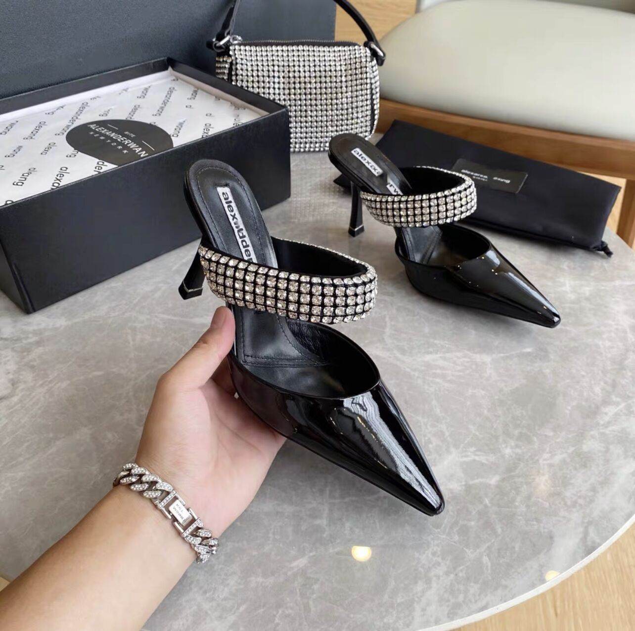Rhinestone Pointed Toe High-heeled Stiletto-heeled Mules With Fur - Mubimart