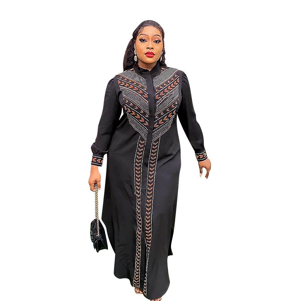 Women's Black Rhinestone Robe African Beaded Cardigan Plus Size Dress - Mubimart