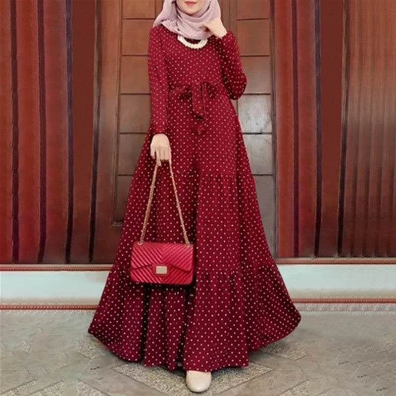 Women Polka Dot Long Sleeve Dress Stylish Belts Party Robe - Mubimart