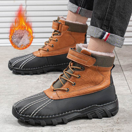 Winter Fleece Lace-up Snow Boots For Men Women Waterproof And Anti-slip Outdoor Work Boot Fashion Warm Mid-tube Cotton Shoes Men - Mubimart