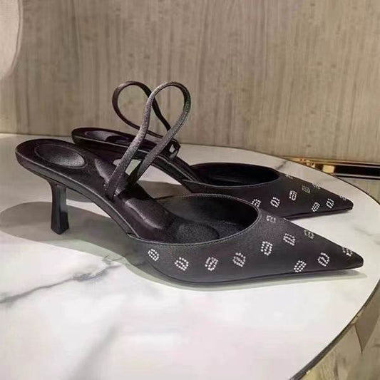 Rhinestone Letters Satin Slingback Pointed-toe Hollowed Stiletto Sexy High Heel Toe Box Sandals - Mubimart
