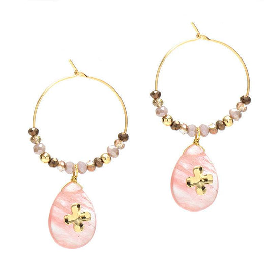 Women Fashion Natural Stone Hoop Earrings With Pink Waterdrop Stone - Mubimart