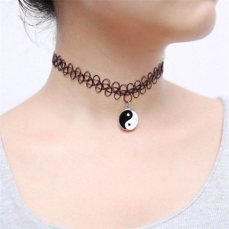 Black Plastic Choker Necklace Women Elastic Tattoo Chokers Gothic Punk Yin Yang Pendants 90s Chocker - Mubimart
