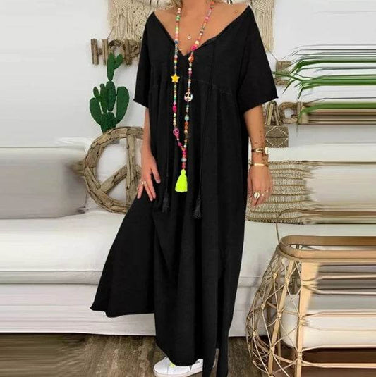 V-neck short sleeve casual plus size dress - Mubimart