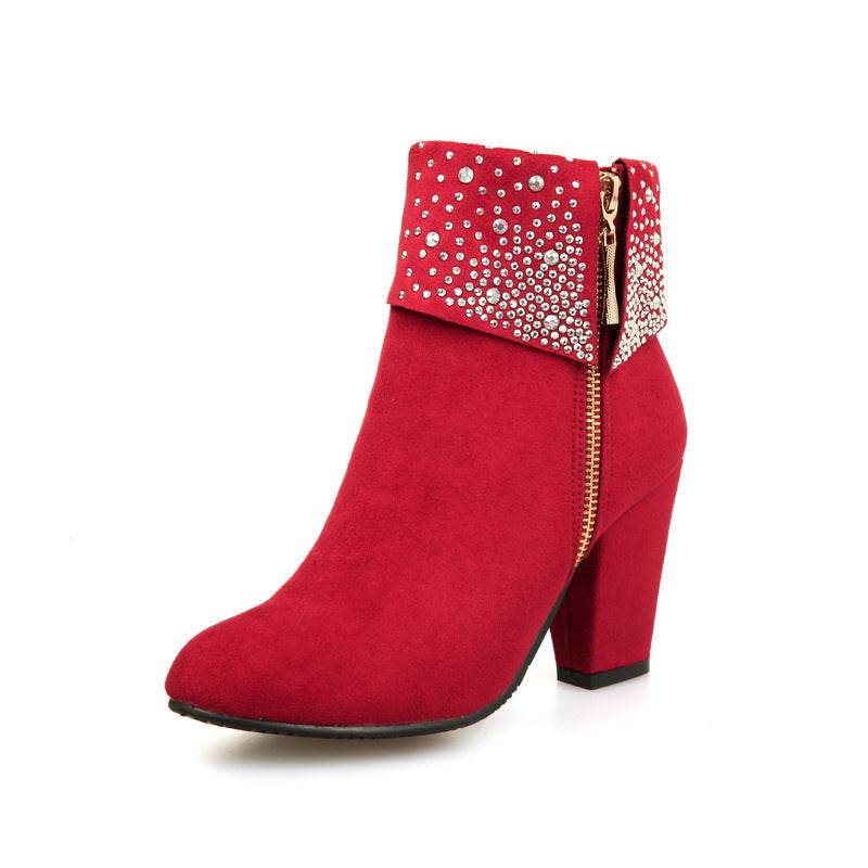 Rhinestone nubuck short heel women boots - Mubimart