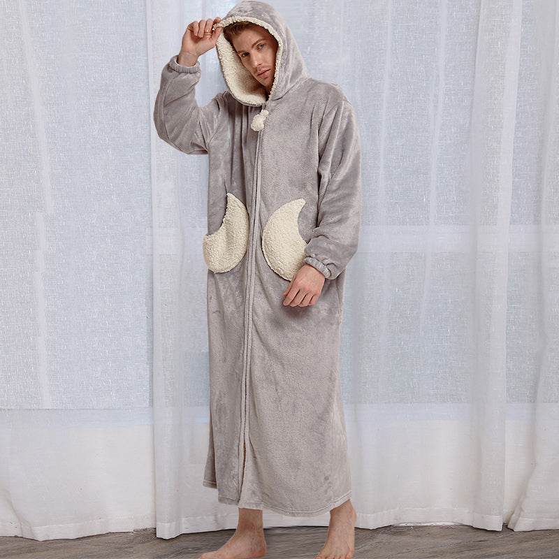 Women Men Winter Bath Robe Hooded Night Dress Gown Sleepwear - Mubimart