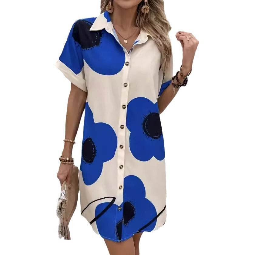 Plus Size Women's Printed Pleated Loose Shirt Dress - Mubimart