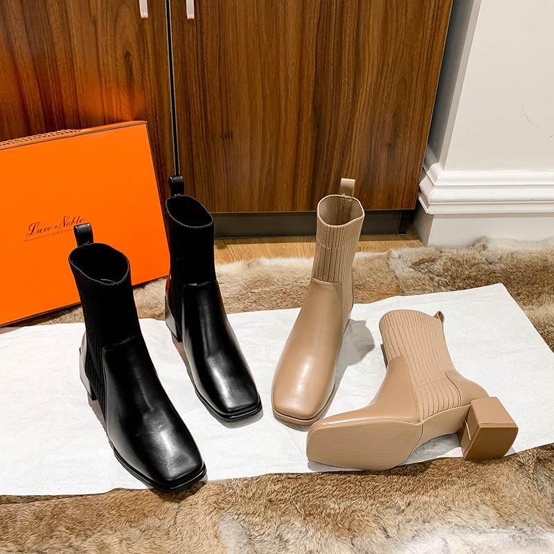 Chunky Heel Square Toe Knit Martin Boots - Mubimart