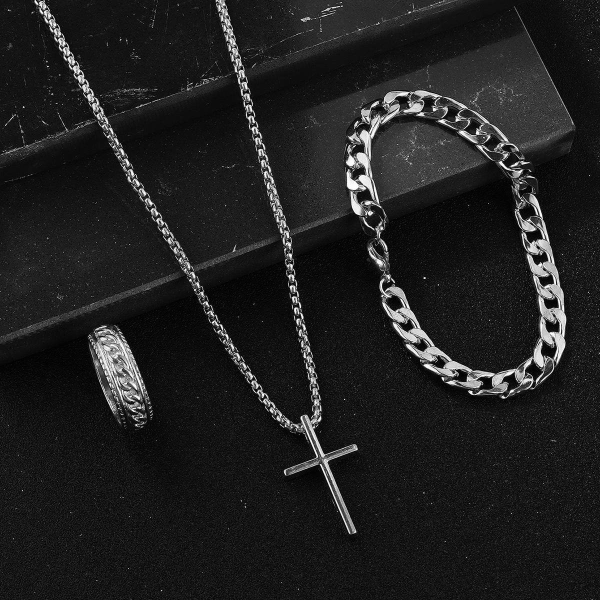 Men's Cross Necklace Ring Bracelet Suit - Mubimart