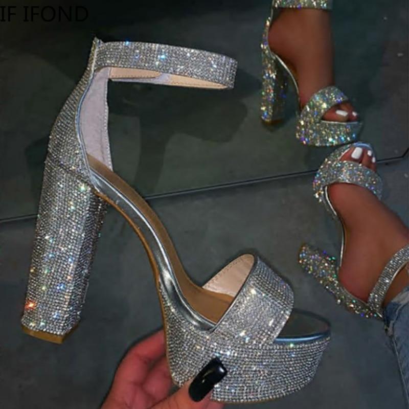 Block heel rhinestone sandals