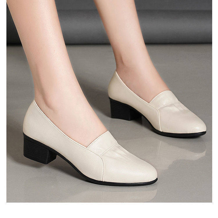 Women's Non-slip Soft Sole Thick Heel Comfortable Casual Work Leather Shoes