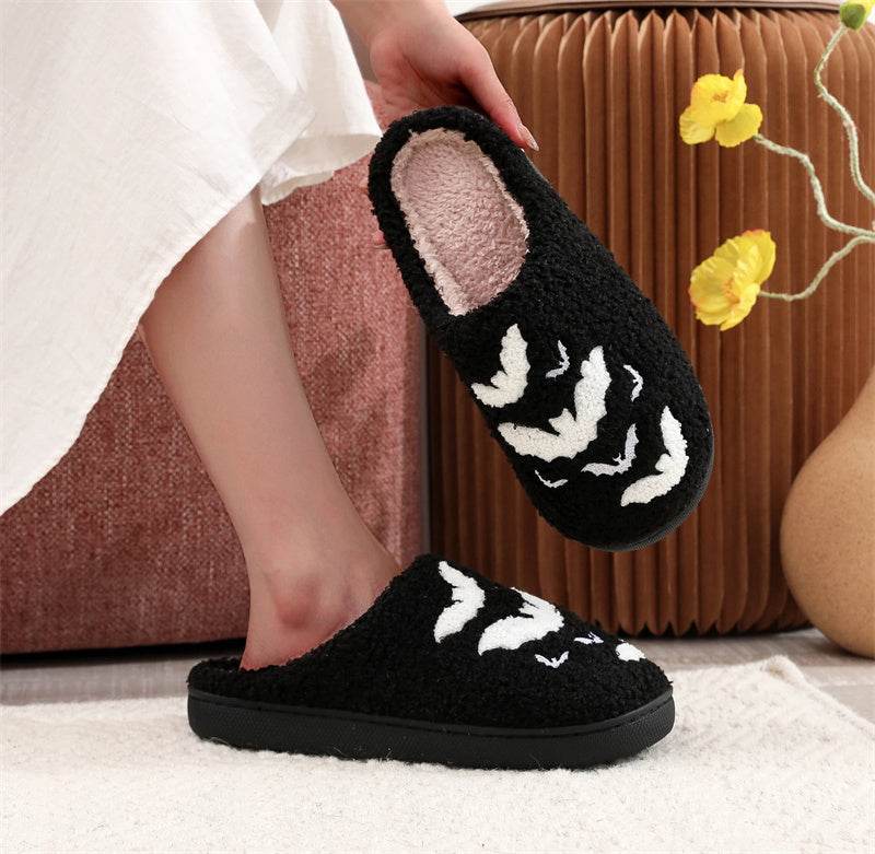 Funny Bat Slipper Halloween Pumpkin Flat Indoor House Shoes For Women Men Soft Plush Cozy Horror Fashion Halloween Gifts - Mubimart