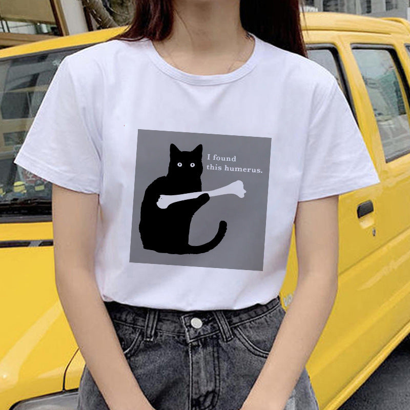 Horro Skull and Cat Femal Tshirt Top Tees kawai T-shirt - Mubimart -  