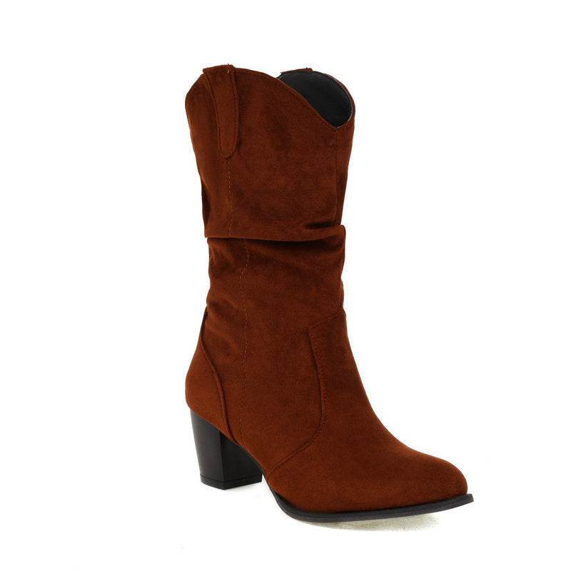 Chunky Heel High Heel Frosted Mid-calf Boots For Women - Mubimart