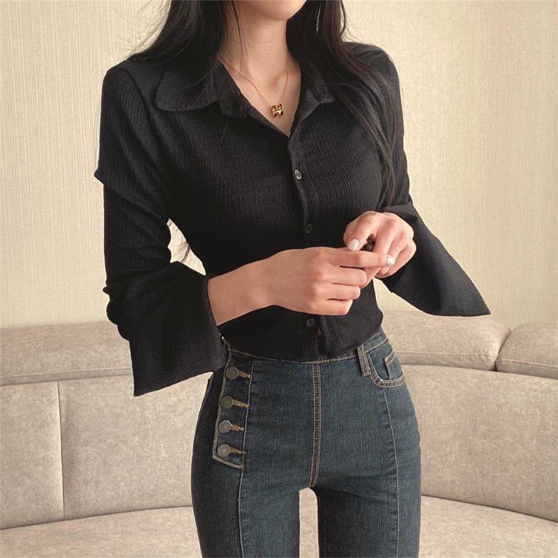 Long Sleeved Slim Lapel T-shirt For Women