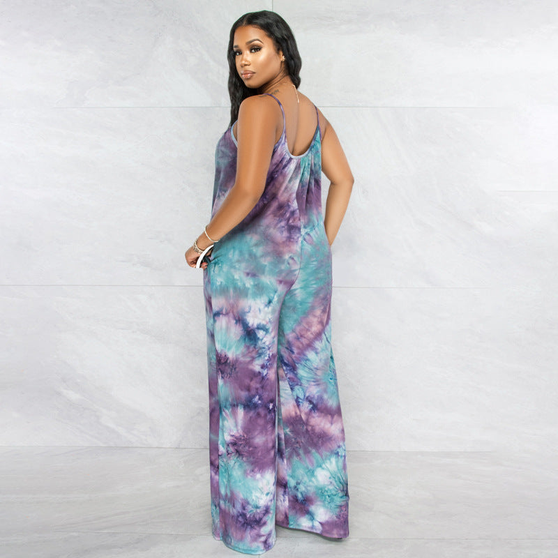 Tie-dyed Printed Sling Casual Plus Size Jumpsuit - Mubimart -  