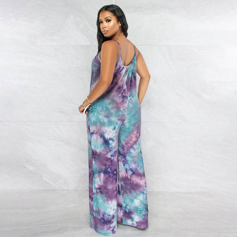 Tie-dyed Printed Sling Casual Plus Size Jumpsuit - Mubimart