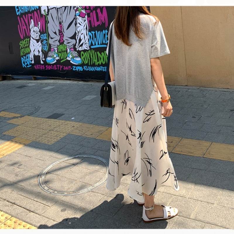Summer Casual Plus Size Female Stitching Printing Dress - Mubimart