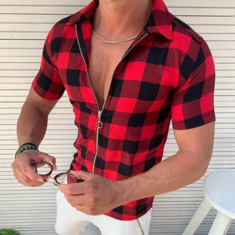 Plaid T Shirt Mens Zipper Short Sleeve Shirts Summer Men Clothing - Mubimart