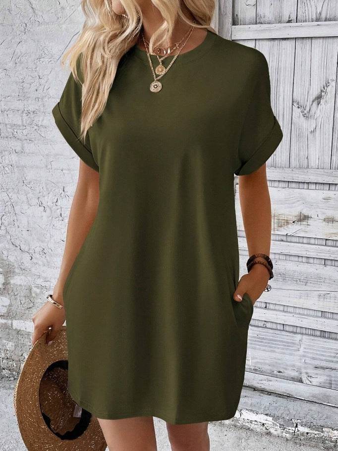 Loose Short Sleeve Dress With Pockets Summer Casual Solid Color Round Neck Straight Dresses Womens Clothing - Mubimart