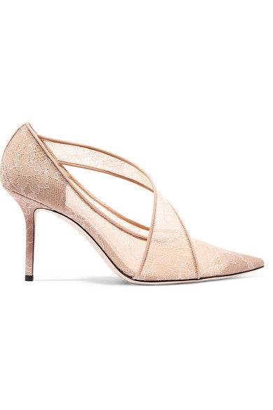 Pointed Black Lace Lace High Heels - Mubimart