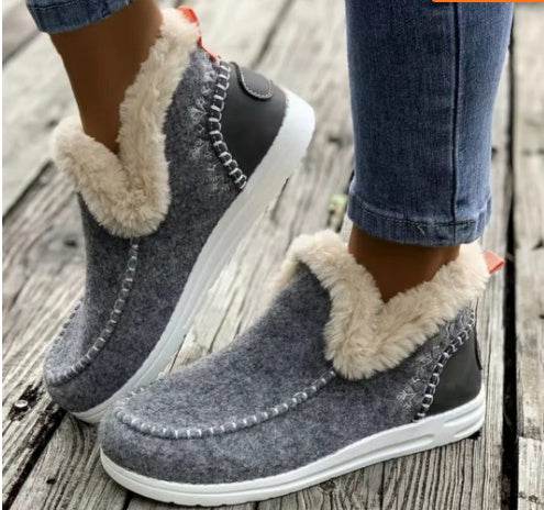 Fleece-lined Thick Plush Boots Warm Sewing Flat Cotton Shoes Winter Ankle Boot - Mubimart