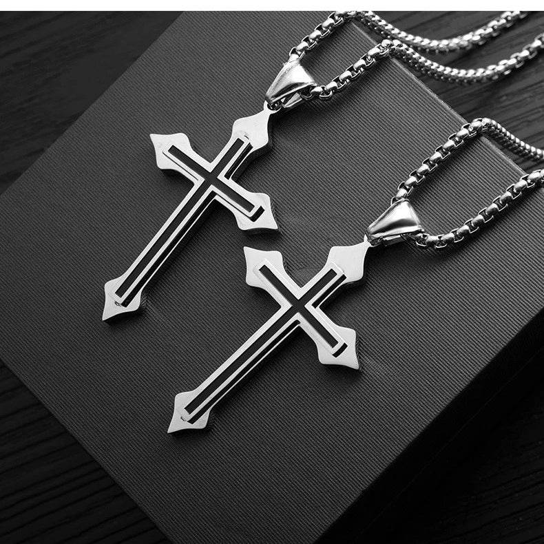Mens Stainless Steel Cross Shape Pendant Necklace - Mubimart