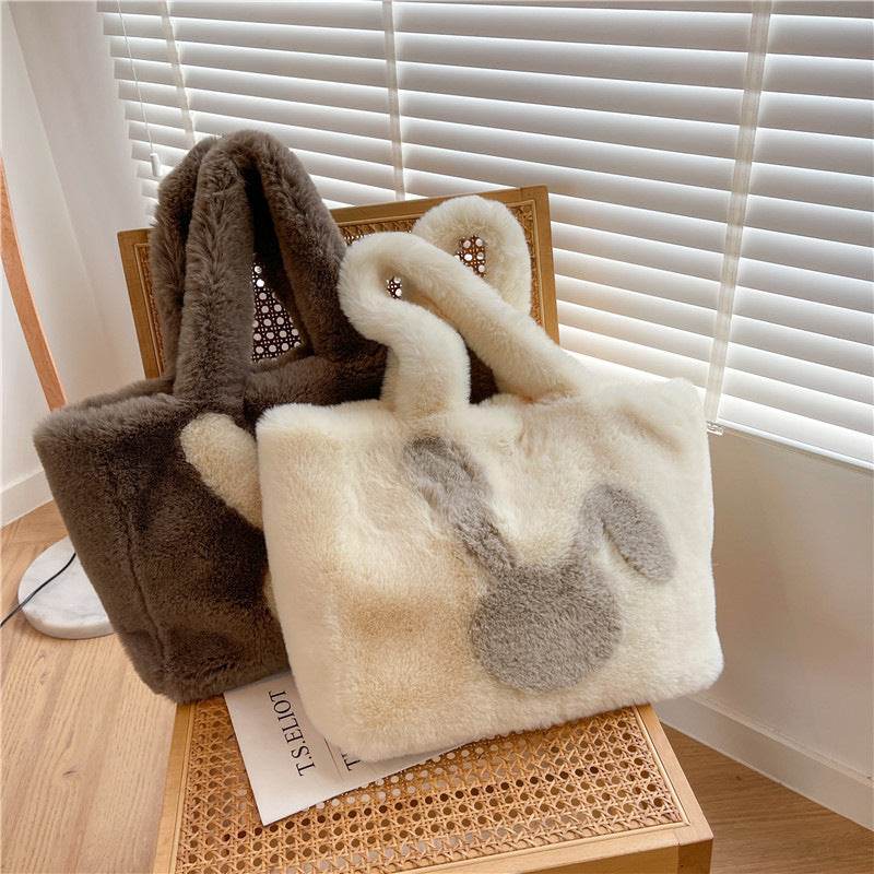 Cute Cartoon Rabbit Ears Plush Bag Autumn And Winter Shoulder Bag Shopping Handbags Large Capacity Personalized Tote Bags For Women - Mubimart