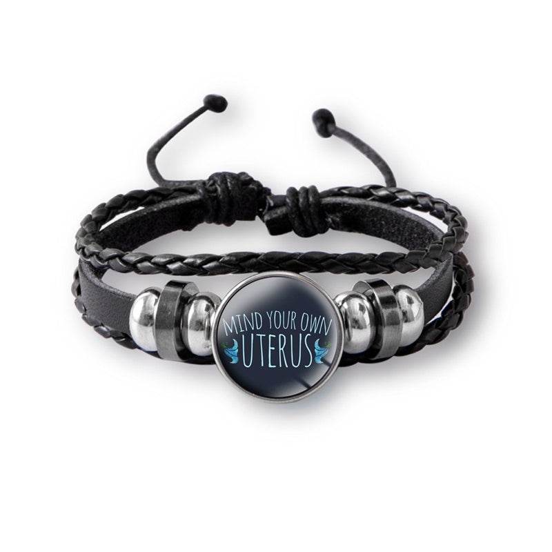 Mind Your Own Uterus Glass Snap Button Charm Bracelet Vintage Multi-layer Leather Bracelets For Women Men - Mubimart
