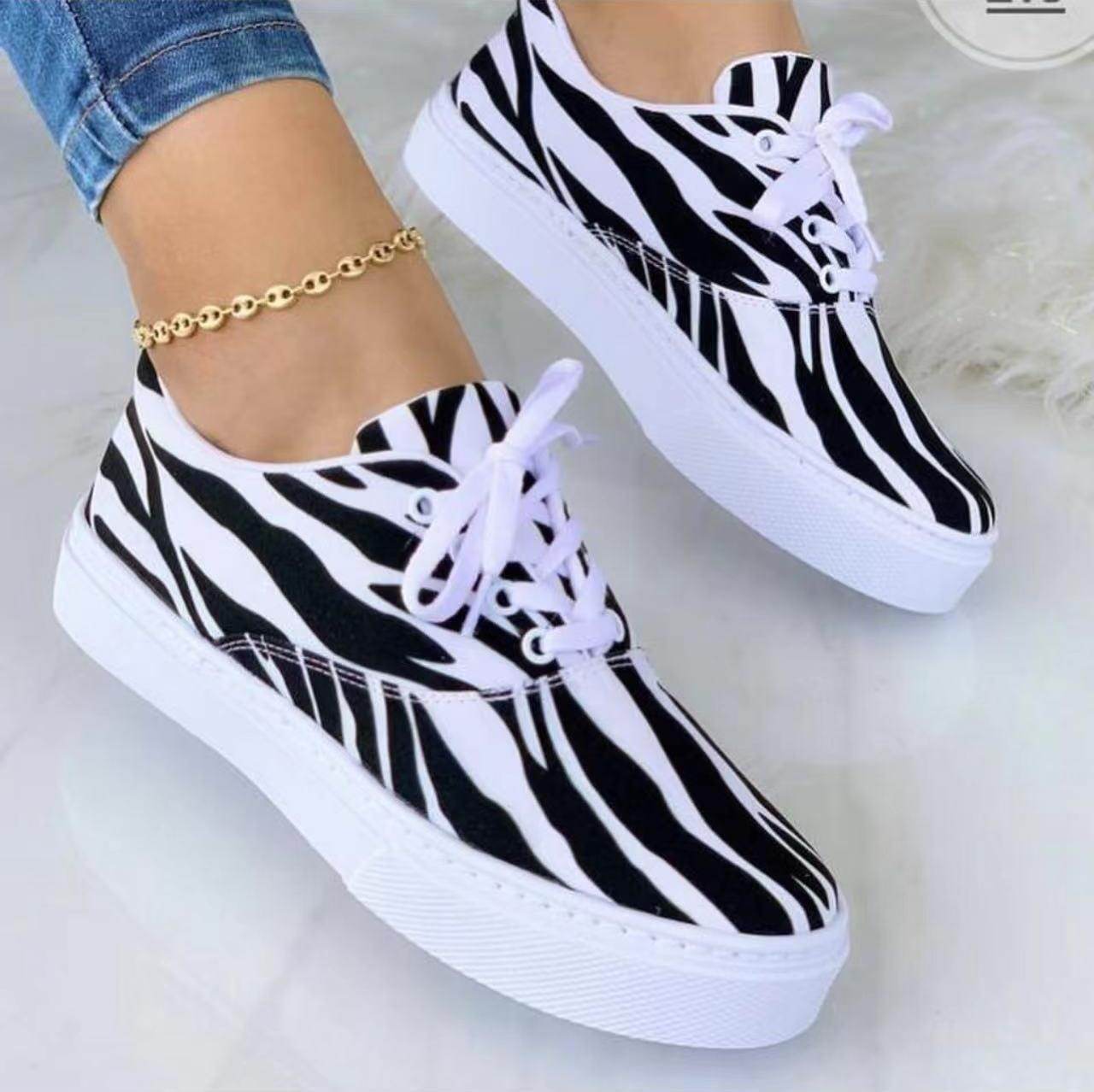 Lace-up Flats Shoes Print Canvas Fashion Walking Sneakers Women - Mubimart