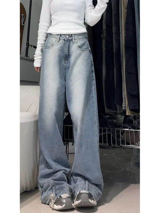 Water Washed Retro Oversize Wide Leg Jeans For Women - Mubimart