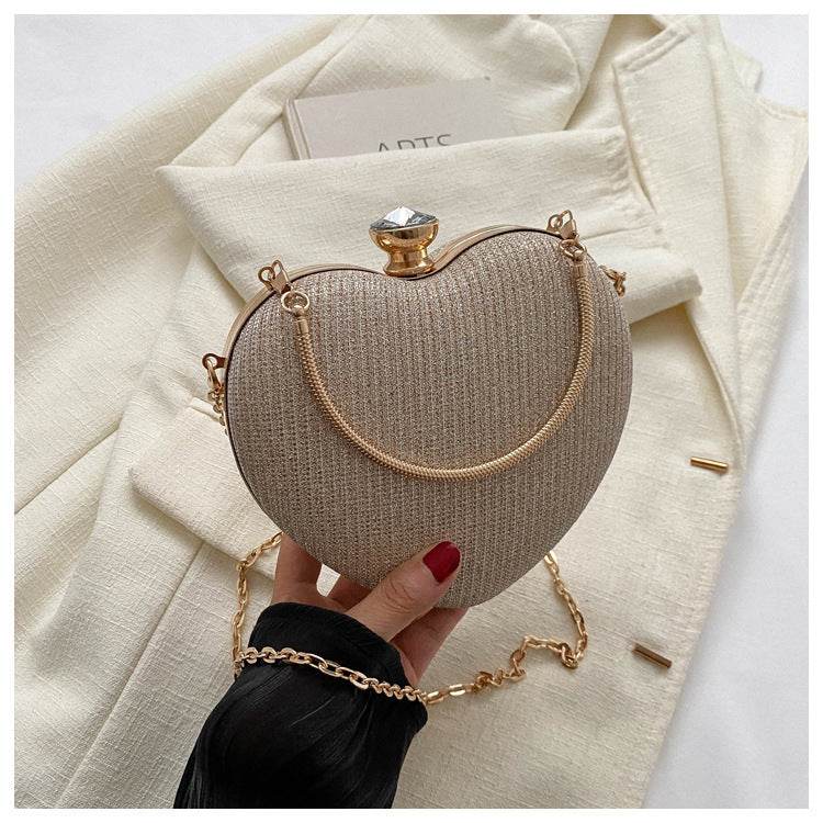Evening Clutch Bag Women Bag Shiny Handbag Heart Shape Metal Clutches Bag Fashion Chain Shoulder Crossbody Bag Luxury Lady Purse Valentines Day Outfit - Mubimart