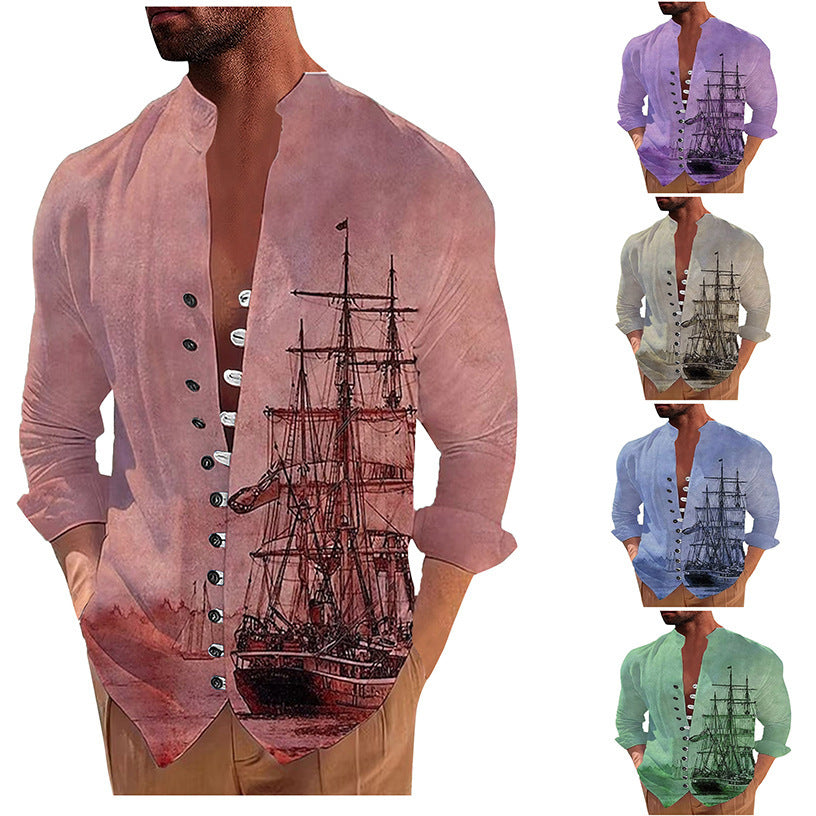 Men's Fashion 3D Vintage Print Sailboat Stand Collar Long Sleeve Button-down Shirt