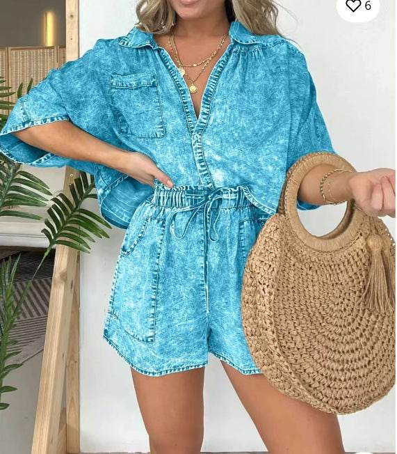 2pcs Loose Denim Suits Summer Casual Bat Sleeve Shirt And Drawstring Shorts With Pockets Women's Set - Mubimart