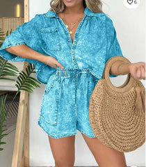 2pcs Loose Denim Suits Summer Casual Bat Sleeve Shirt And Drawstring Shorts With Pockets Women's Set - Mubimart -  