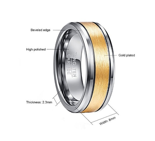 Heren 8mm Goudkleurige Geborstelde Midden Twee Groeven Wolfraamcarbide Trouwring Ringen Afgeschuinde Rand