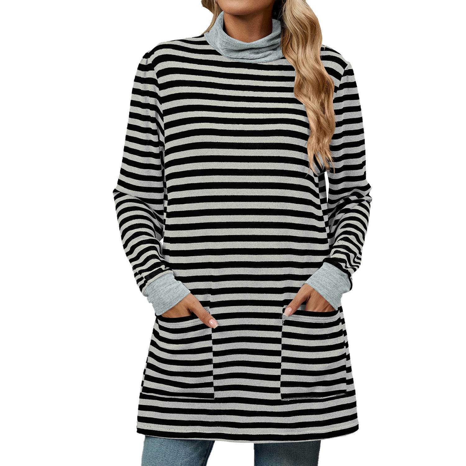 Fashion Striped Print Long Sweatshirt With Pocket Loose Long Sleeve Pullover T-shirt Top For Womens Clothing - Mubimart