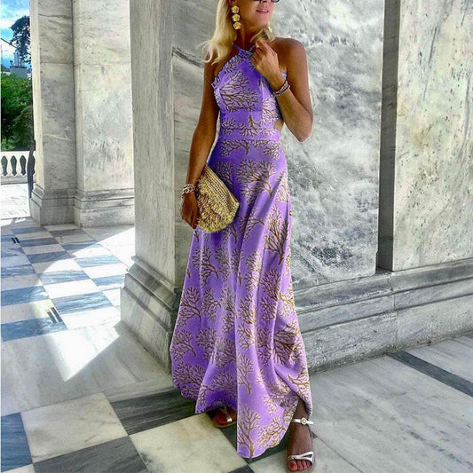 Women's Halterneck Printed Midi Dress - Mubimart
