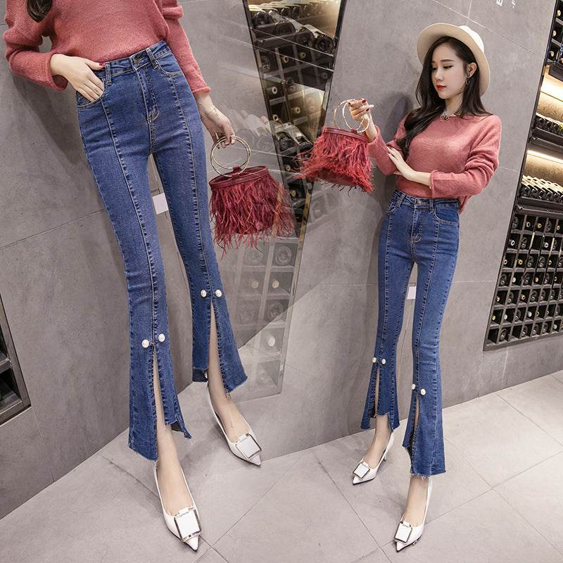 Slit Cropped Micro-flare Jeans Women Slim Slim Straight-leg Pants Trousers - Mubimart
