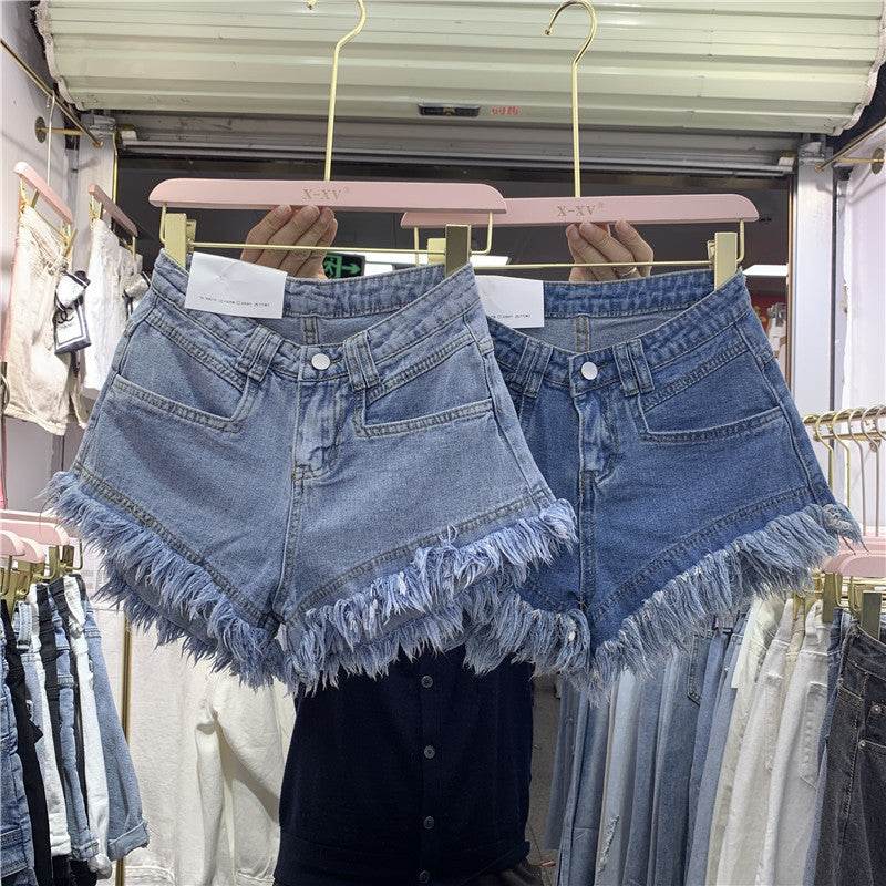 Fringed Frayed Denim Shorts Women Summer Thin High-waisted Wide-leg Pants - Mubimart