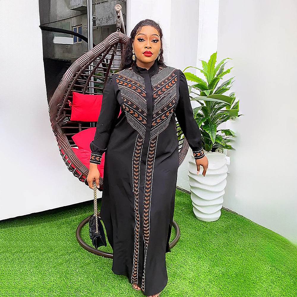 Women's Black Rhinestone Robe African Beaded Cardigan Plus Size Dress - Mubimart