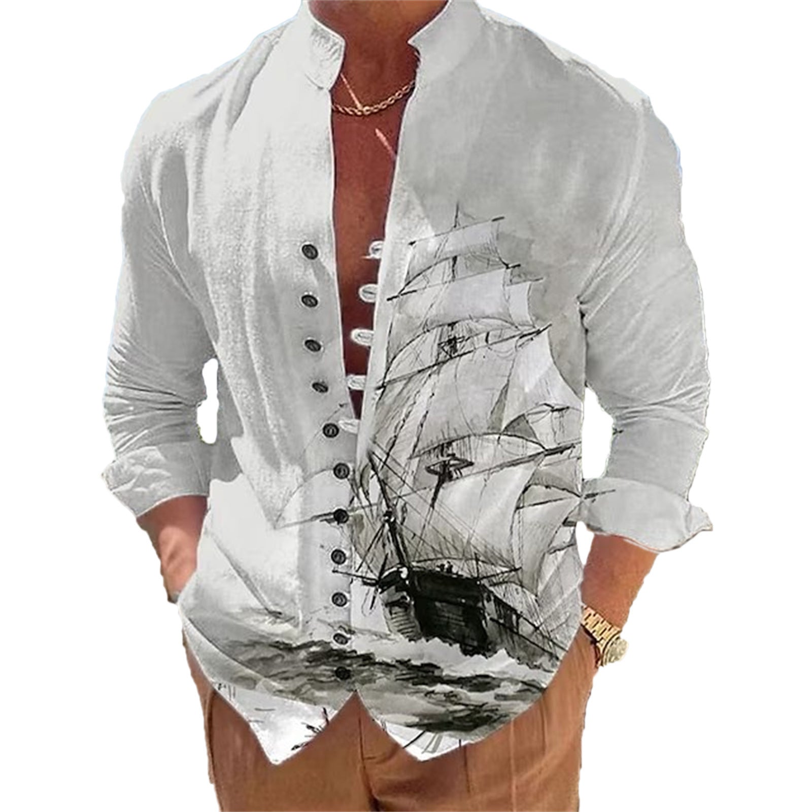 Men's Fashion 3D Vintage Print Sailboat Stand Collar Long Sleeve Button-down Shirt