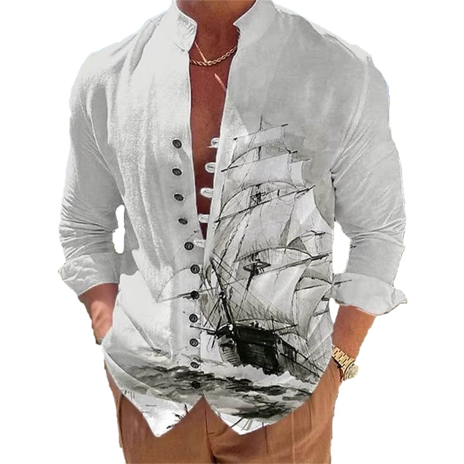 Men's Fashion 3D Vintage Print Sailboat Stand Collar Long Sleeve Button-down Shirt - Mubimart