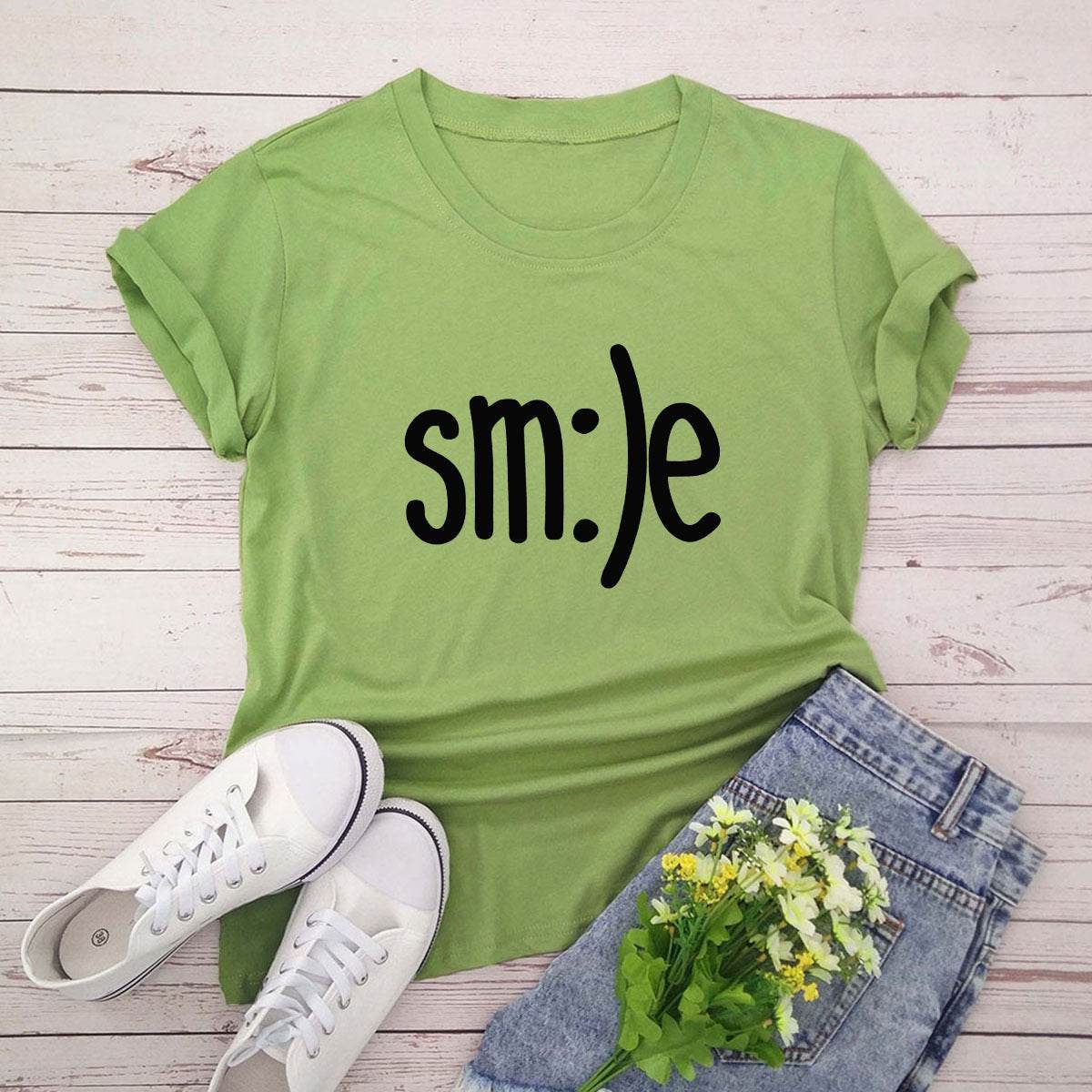 S-5XL Plus Size TShirt Women New Smile Letter Printed Shirt O Neck Short Sleeve Tees Summer Top 100%cotton Women's T-shirts - Mubimart