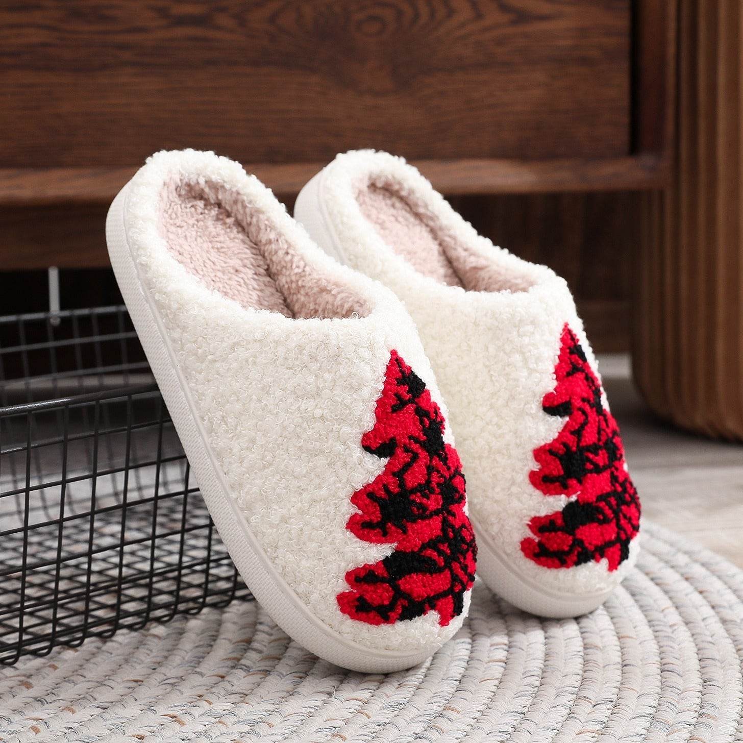 Christmas Tree Home Slippers Fashion Non-slip Floor Bedroom Slipper For Women Fuzzy House Shoes Winter - Mubimart