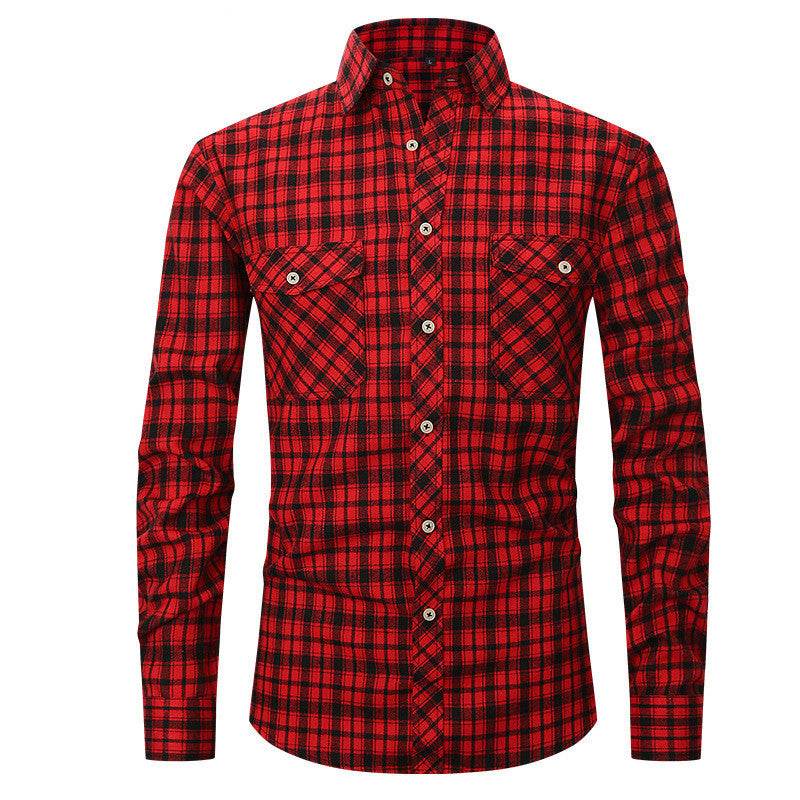 Men's Long Sleeve Double Pocket Flannel Shirt With Brushed Plaid - Mubimart